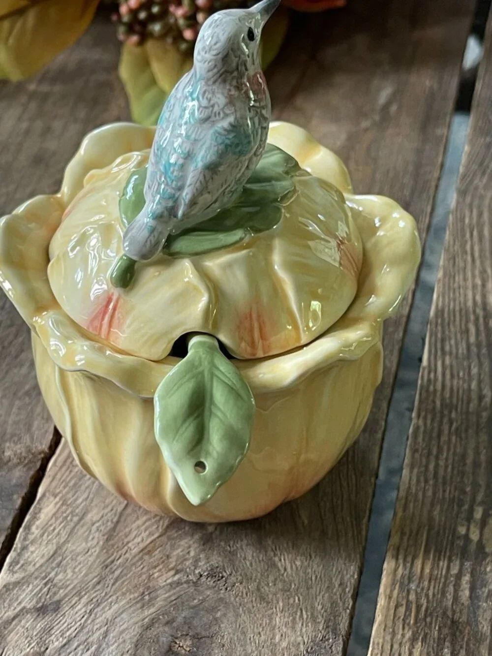 Fitz & Floyd Meadow Floral Bird Condiment Jar Sugar Bowl & Spoon-NEW